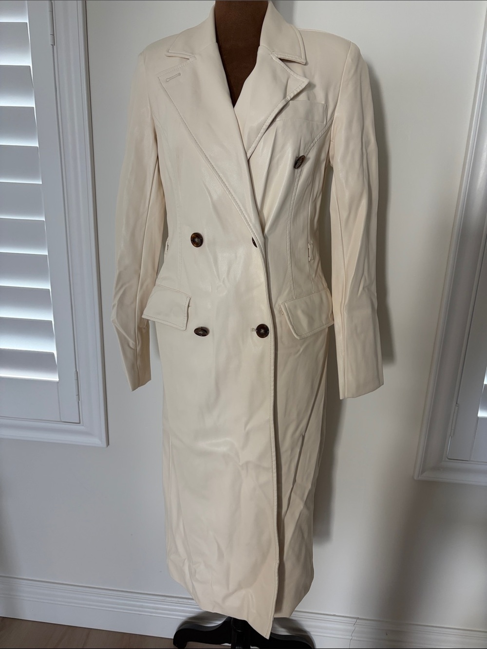 Anthropologie Cream Double-Breasted Long Trench Coat with Notched Lapels